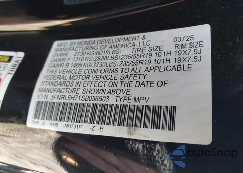 2025 Honda Odyssey Sport-L z USA, uszkodzony, nr VIN 5FNRL6H71SB056603